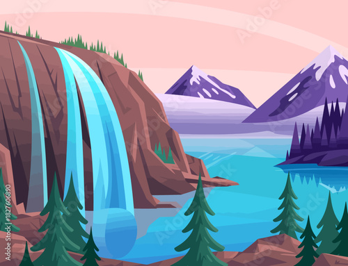 A breathtaking view of a serene waterfall cascading down rocky cliffs, surrounded by lush evergreen trees and majestic mountains under a pastel pink sky.