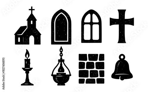 Vintage gothic church icons: windows, crosses, bell, candle, stone wall