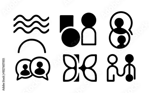 Minimalist icon set with abstract human symbols and geometric shapes