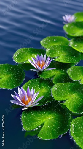 Close-up of water lilies with vibrant green leaves and purple flowers floating on a tranquil water surface. The image evokes a sense of peace and natural beauty