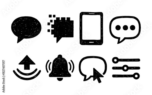 Hand drawn communication and notification icons set
