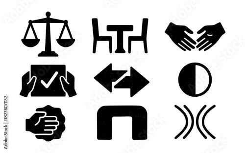 Silhouette icons of balance, communication, and interaction symbols