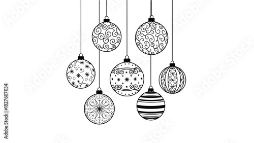 Black and white line art illustration of seven hanging Christmas ornaments with various intricate patterns on a plain background.