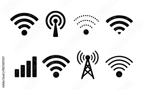 Hand drawn wifi and signal icons set with doodle style for technology designs