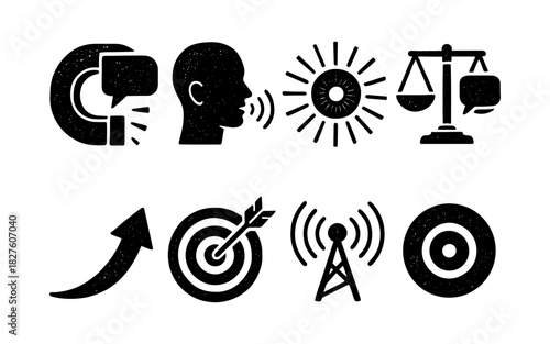 Communicative silhouette icons: marketing, broadcasting, and balance symbols