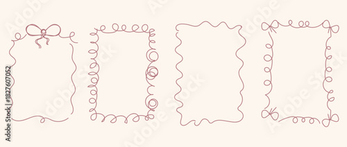 Set of hand drawn frame with pastel pink doodle bows, ribbons, line borders for birthday, christmas, wedding Invitations