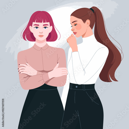 A relatable illustration showcasing two women in intimate conversation, embodying friendship, connection, and shared moments, perfect for themes around relationships and social bonds.