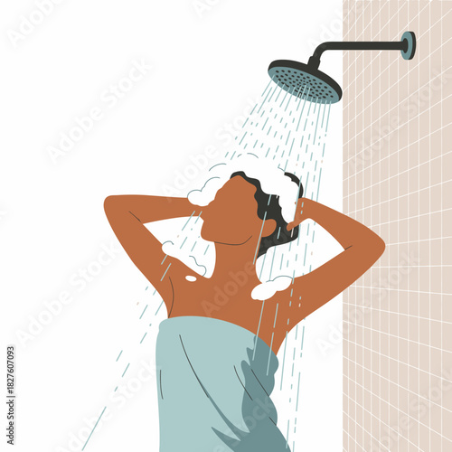A woman indulging in a revitalizing shower, with water cascading over her, creating a moment of relaxation and self-care, perfectly capturing the essence of personal wellness.