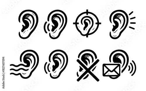 Hand-drawn ear icons set illustrating various acoustic concepts and actions