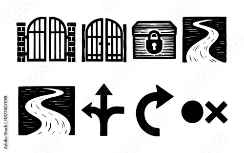 Set of black and white woodcut style icons featuring gates, lockbox, road, and navigation signs