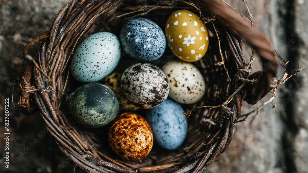 Obraz premium Colorful easter eggs in rustic nest for holiday decoration and celebration