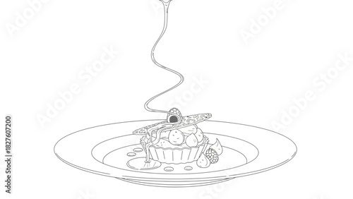 Detailed line drawing of a gourmet dessert tart with berries and sauce being drizzled on a white plate.