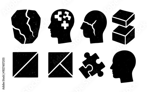 Silhouette puzzle head icons: mental health and problem solving concept