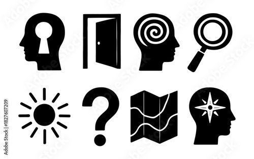 Silhouette icon set: mind, direction, and exploration concepts in bold black design
