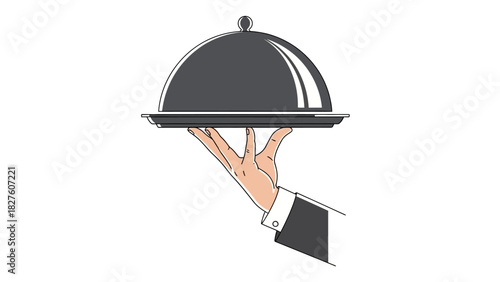 A hand in a suit holding a silver cloche food cover on a serving tray.