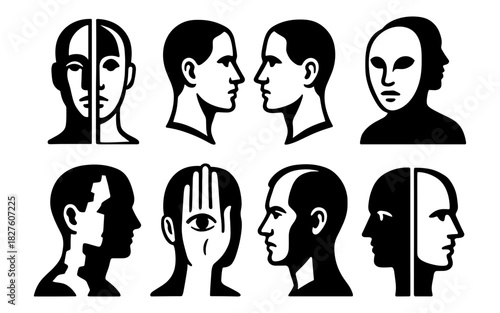 Stylized silhouette faces with abstract and surreal elements