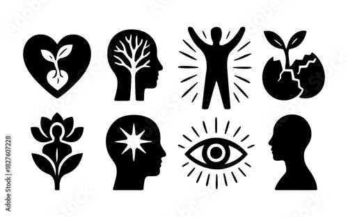 Silhouette icons of human head, growth, and nature concepts