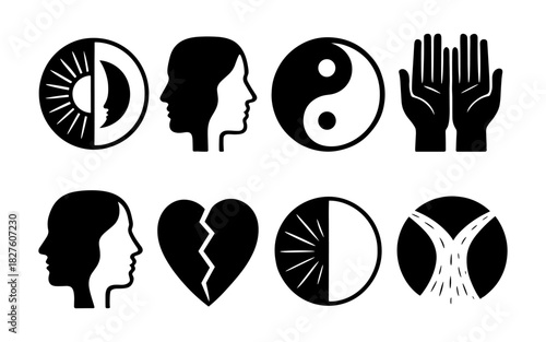 Minimalist black and white symbols of balance and duality