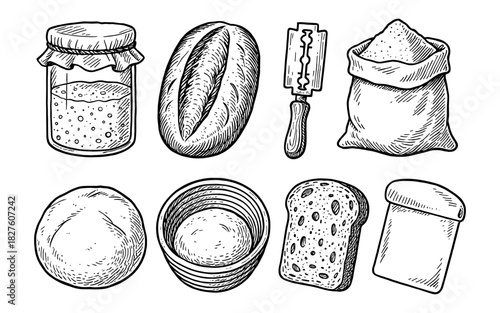Hand drawn bakery elements: bread, dough, and baking tools in vintage style