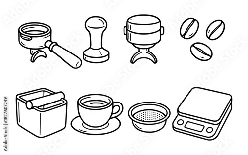 Coffee tools collection: line art of essential barista equipment