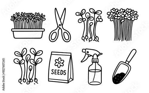 Gardening essentials: tools and seedlings in minimalist line art style