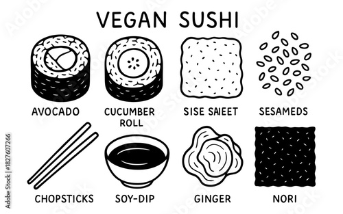 Vegan sushi doodle set with avocado, cucumber rolls, and toppings