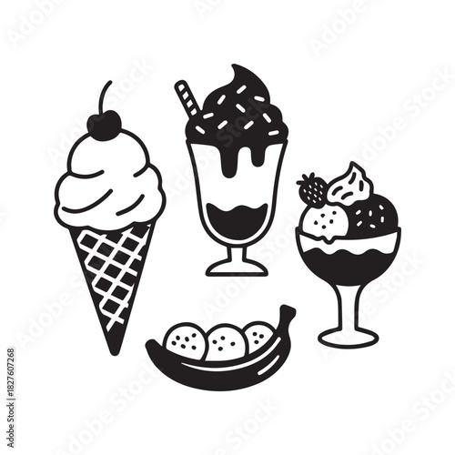 Black and white vector icons of various cold sweet ice cream desserts.