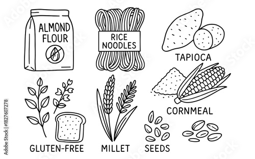 Gluten-free ingredients: almond flour, rice noodles, and more in hand-drawn style