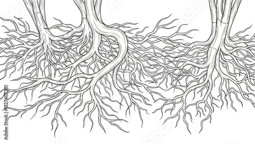 Detailed black and white line drawing of intricate tree roots spreading horizontally, showcasing a complex underground network.
