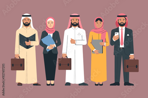 A group of diverse professionals in formal attire, representing various roles and cultures in the workplace, exemplifying teamwork and collaboration in a multicultural environment.