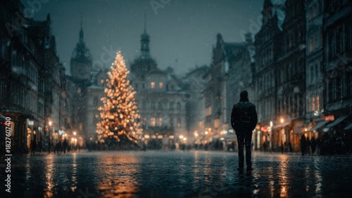 Solitary new year evening in snowy city square with lit christmas tree