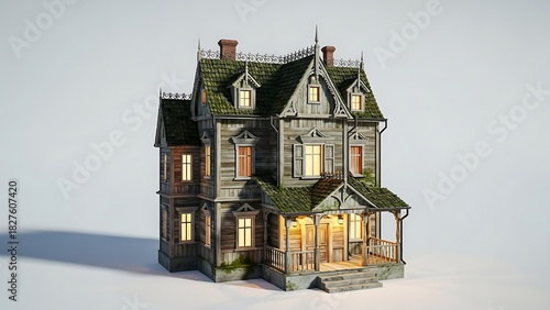 Detailed model of a two story victorian house with porch and green roof against white background