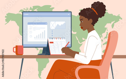 This image captures a focused professional woman working on her laptop amid business charts, symbolizing motivation, productivity, and global connection in a modern work environment.