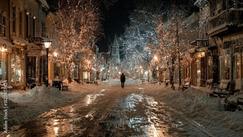 Solitary walk on snowy street during new year celebration in winter wonderland scene