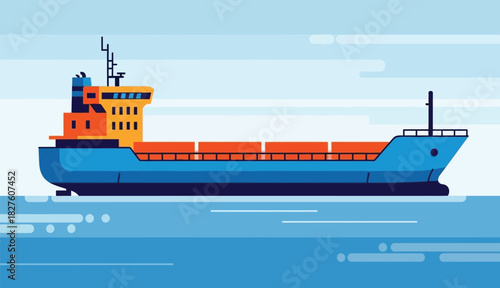 Flat Illustration of a Blue Cargo Ship Floating on Calm Ocean Waters