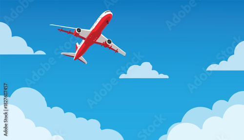 Soaring Red Airplane Ascending Through Fluffy Clouds on a Bright Day