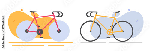 Sport road bicycle icon vector modern minimal simple design illustration set, red yellow gravel speed tour bike isolated on fluid liquid background, eco fitness transportation poster concept

