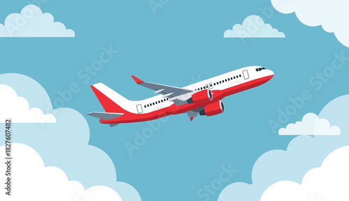 Vector illustration of a commercial passenger jet airplane flying in a blue sky with clouds, symbolizing global travel and adventure