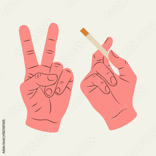 A contrasting image of two hands, one forming a peace sign while the other holds a cigarette, symbolizing duality in human emotions and lifestyle choices.