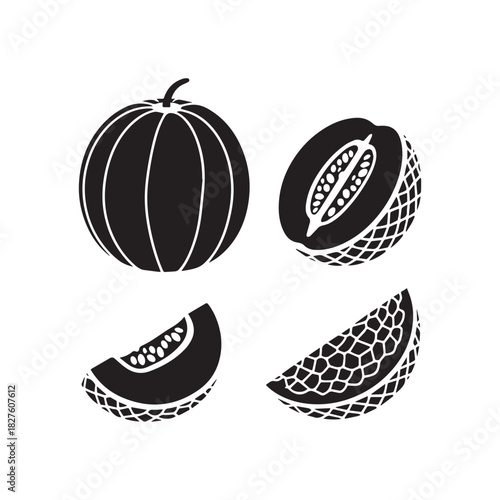  Black and white vector icons of whole and sliced melons.