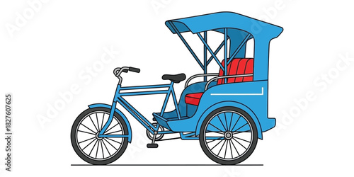 Traditional Blue Rickshaw Bicycle with Canopy and Passenger Seating