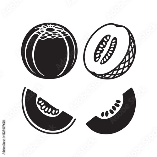  Black and white vector icons of whole and sliced melons.