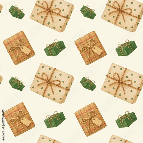 seamless pattern, Watercolor Christmas gift boxes, bows. texture of hand-drawn holiday elements isolated on light background: gift boxes with ribbons, bows,