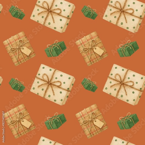 seamless pattern, Watercolor Christmas gift boxes, bows. texture of hand-drawn holiday elements isolated on light background: gift boxes with ribbons, bows,