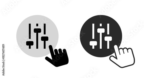 Settings control slider icon set with hand configuration adjustment vector simple pictogram graphic set, customize equalizer preference panel sign symbol, tune volume regulator mixer tool isolated
