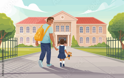 This heartwarming illustration depicts a father walking hand-in-hand with his daughter towards a school building, fostering a sense of companionship and support.