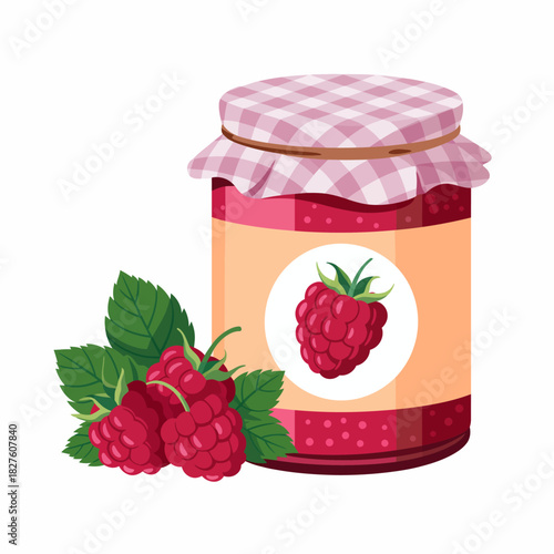 A beautifully crafted jar of raspberry jam sits beside fresh raspberries, evoking the essence of homemade treats and the vibrant flavors of summer produce showcased in an artistic manner.