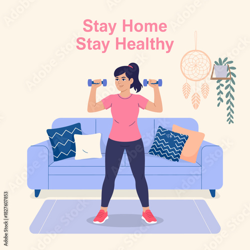 This dynamic illustration features a woman staying active at home by exercising with dumbbells on a mat, promoting fitness, health, and self-care even in a cozy environment.