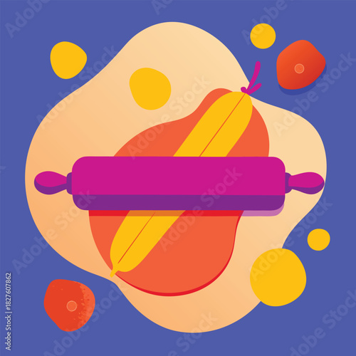 Modern abstract baking illustration with rolling pin and dough on vibrant blue background
