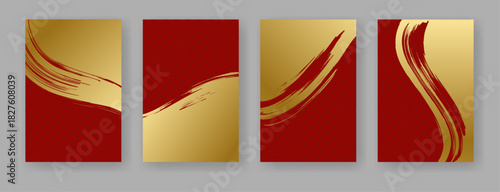 筆で描いた金色と赤色の和風背景素材のセット